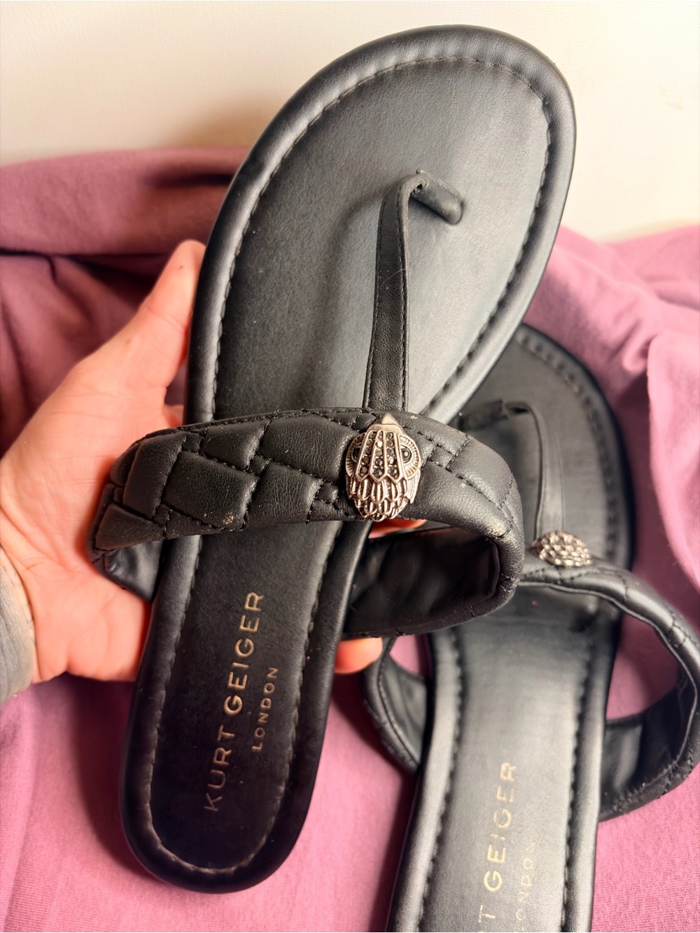 Kurt Geiger Black Quilted Toe-Post Sandals with Silver Emblem